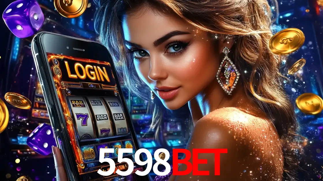 Mulher glamorosa segurando um smartphone com a tela de login para os jogos de caça-níqueis do cassino online 5598bet, com moedas de ouro e dados ao redor.