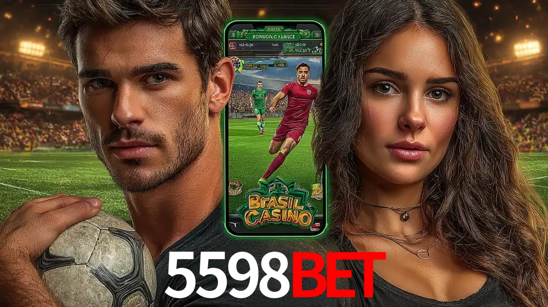 Homem segurando uma bola de futebol e uma mulher ao lado de um smartphone exibindo o jogo de apostas esportivas da 5598bet. Faça seu palpite no cassino online.